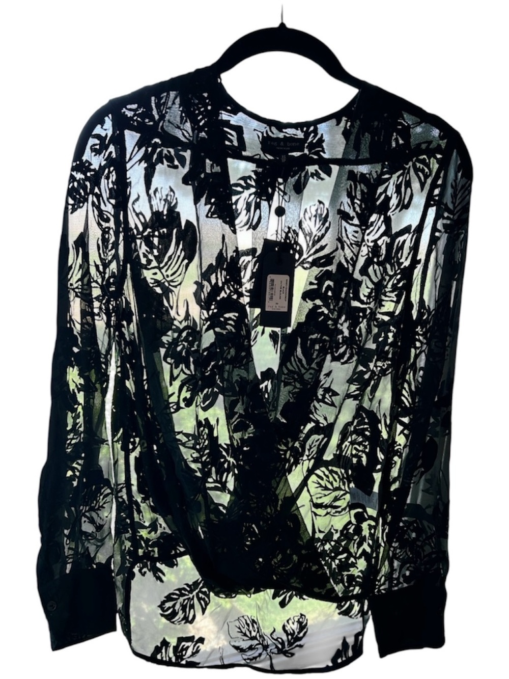 NEW Rag & Bone Black Sheer Floral Burnout Blouse with Solid Cuffs    Size XS